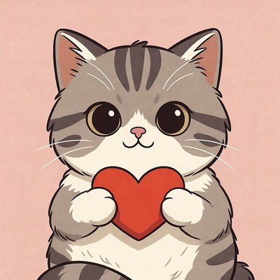 Cute gray kitten holding red heart