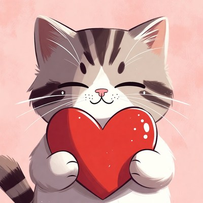 Cute cat holding red heart