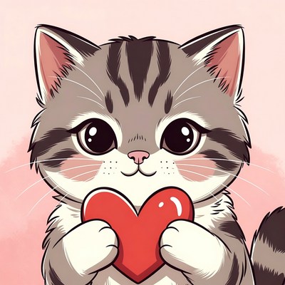 Cute tabby kitten holding heart