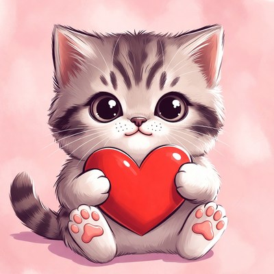 Cute kitten holding red heart