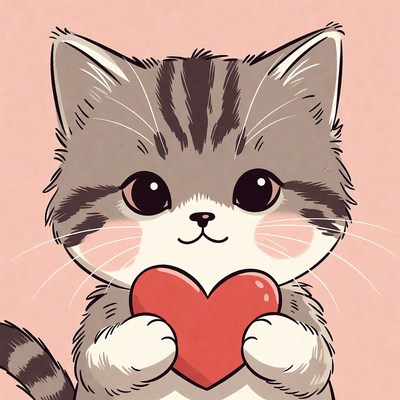 Cute tabby cat holding red heart