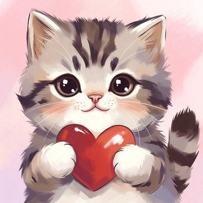 Cute kitten holding red heart