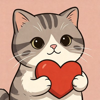 Cute gray cat holding red heart