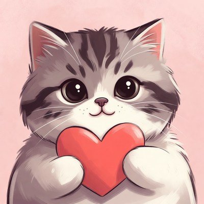 Cute tabby kitten holding red heart