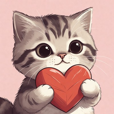 Cute kitten holding red heart