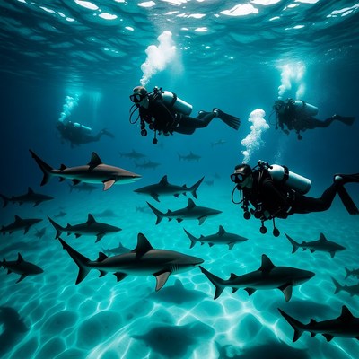 Scuba Divers Swimming with Sharks