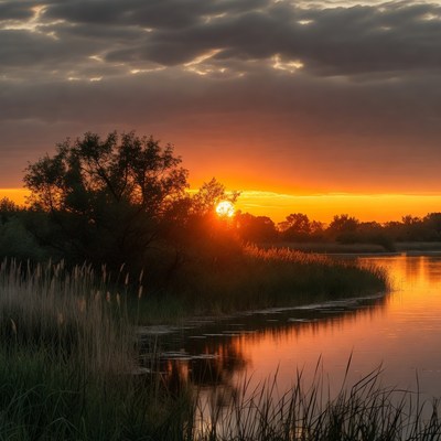 Sunset over river with reeds and trees