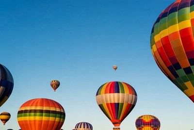 Colorful hot air balloons in blue sky