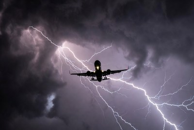 Airplane Flying Through Lightning Storm