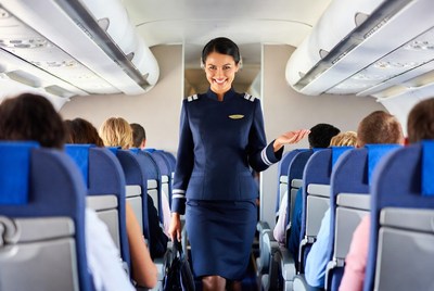 Flight Attendant Welcoming Passengers Airplane