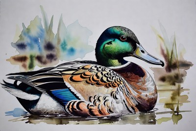 Mallard Duck in Watercolor Painting