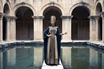 Egyptian Queen in Ancient Courtyard