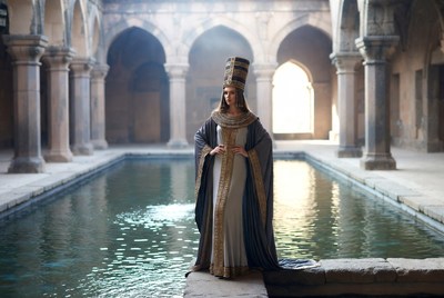 Egyptian Queen in Ancient Courtyard