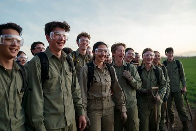 Group of teens in military uniforms with shovels