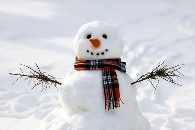 Snowman with plaid scarf in snow