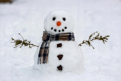 Snowman with plaid scarf in snow