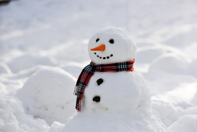 Snowman with plaid scarf in snow