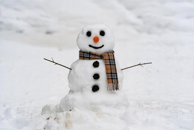 Snowman with plaid scarf in snow