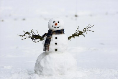 Snowman with plaid scarf in snow