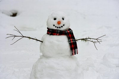 Snowman with plaid scarf in snow