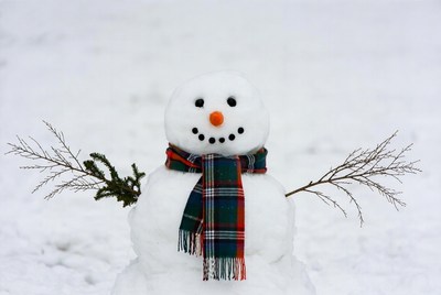 Snowman with plaid scarf in snow