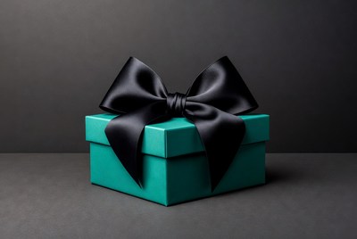 Teal gift box with black satin bow