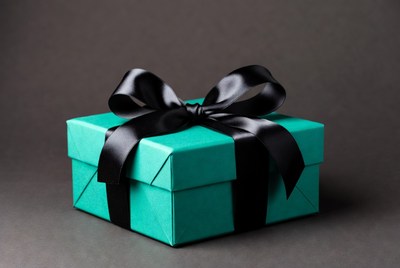 Teal gift box with black ribbon