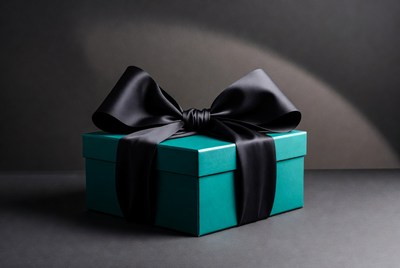 Teal gift box with black satin bow