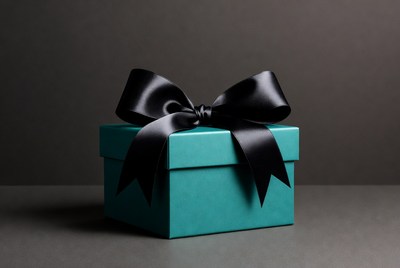 Teal gift box with black bow