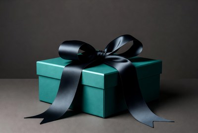 Teal gift box with black bow