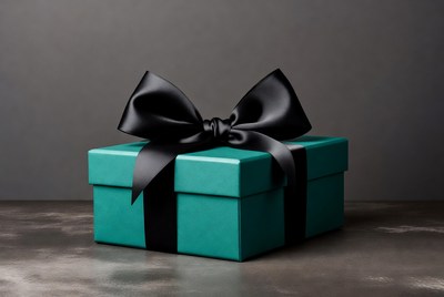Teal gift box with black bow