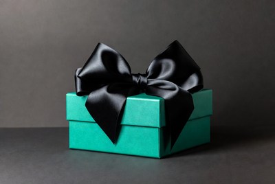 Teal gift box with black satin bow