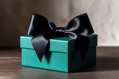 Teal gift box with black bow