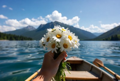Hand holding daisies in boat on lake