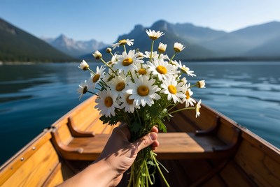 Hand holding daisies in wooden boat