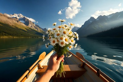 Hand holding daisies in mountain lake boat