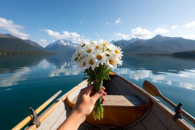 Hand holding daisies in rowboat on lake