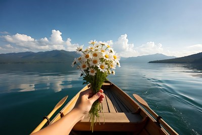 Woman holding daisies in canoe