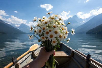 Hand holding daisies in boat on lake