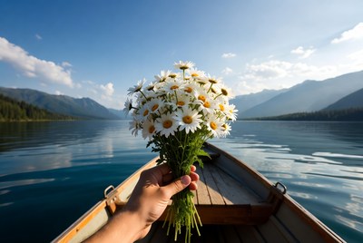 Hand holding daisies in boat on lake