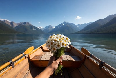 Hand holding daisies in canoe on lake