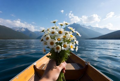 Hand holding daisies in canoe on lake