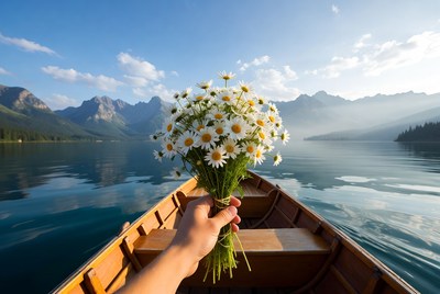 Hand holding daisies in canoe on lake