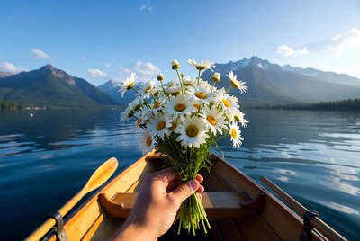 Hand holding daisies in canoe on lake