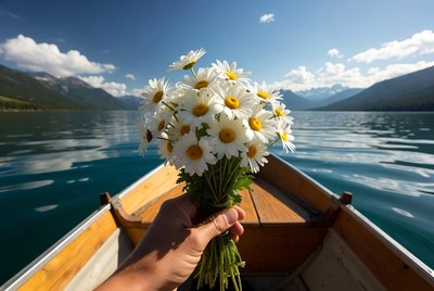 Hand holding daisies in boat on lake