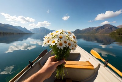 Man holding daisies in canoe on lake