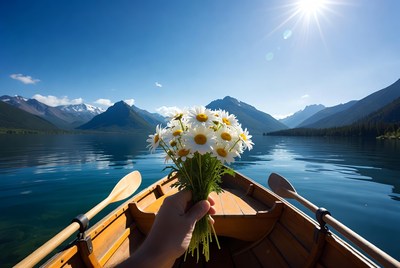 Hand holding daisies in rowboat on lake