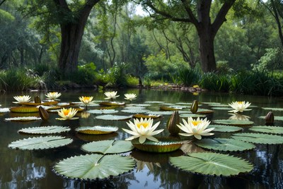 Water Lilies Blooming in Pond