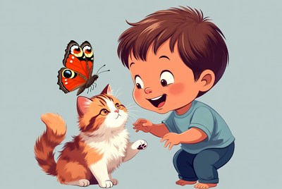 Boy with cat and butterfly illustration