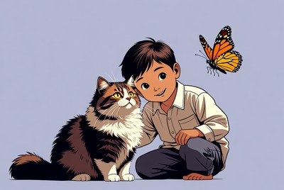 Boy with cat and butterfly illustration